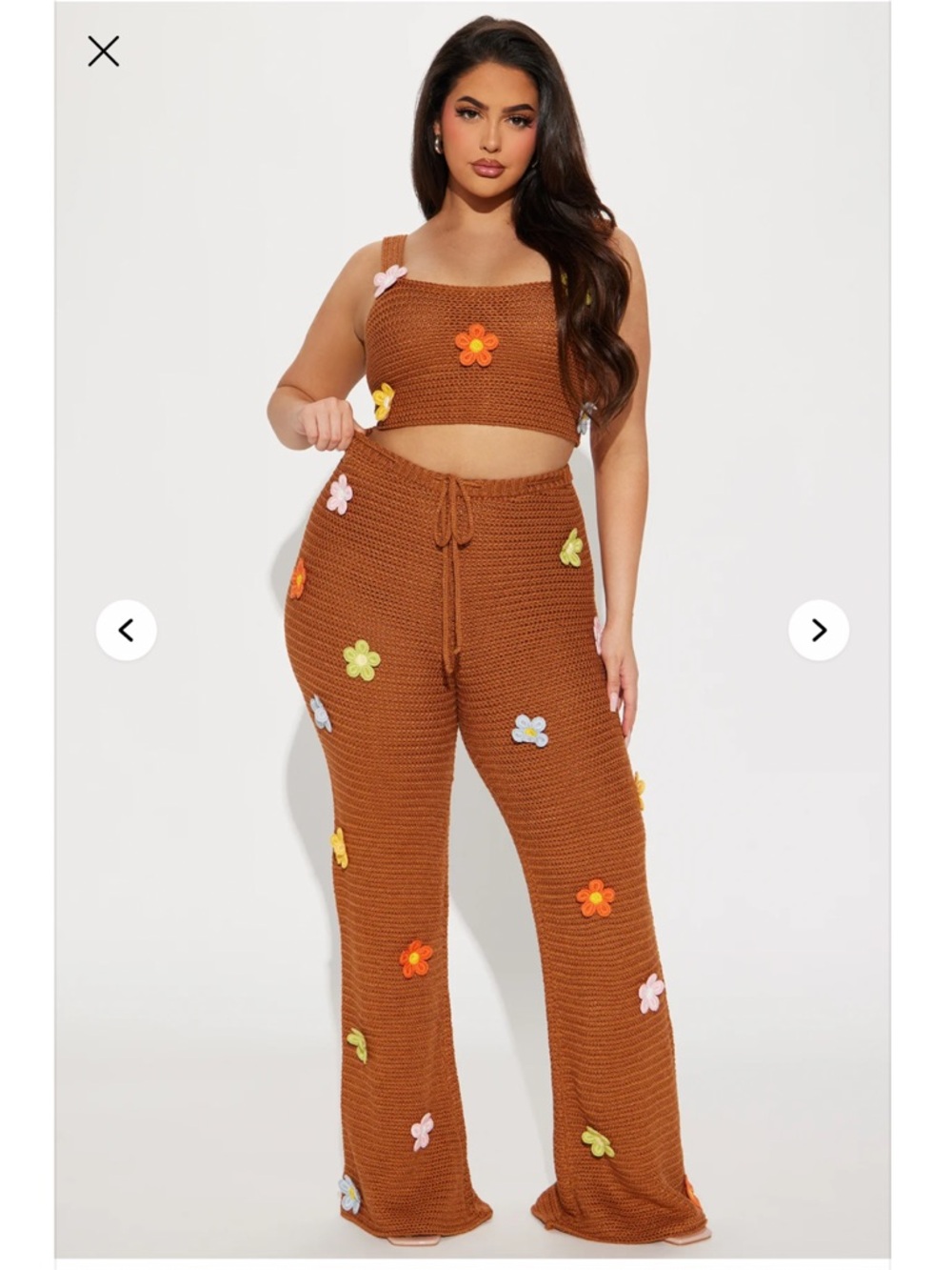 Fashion Nova Floral Fields Crochet Pant Set in Mocha!